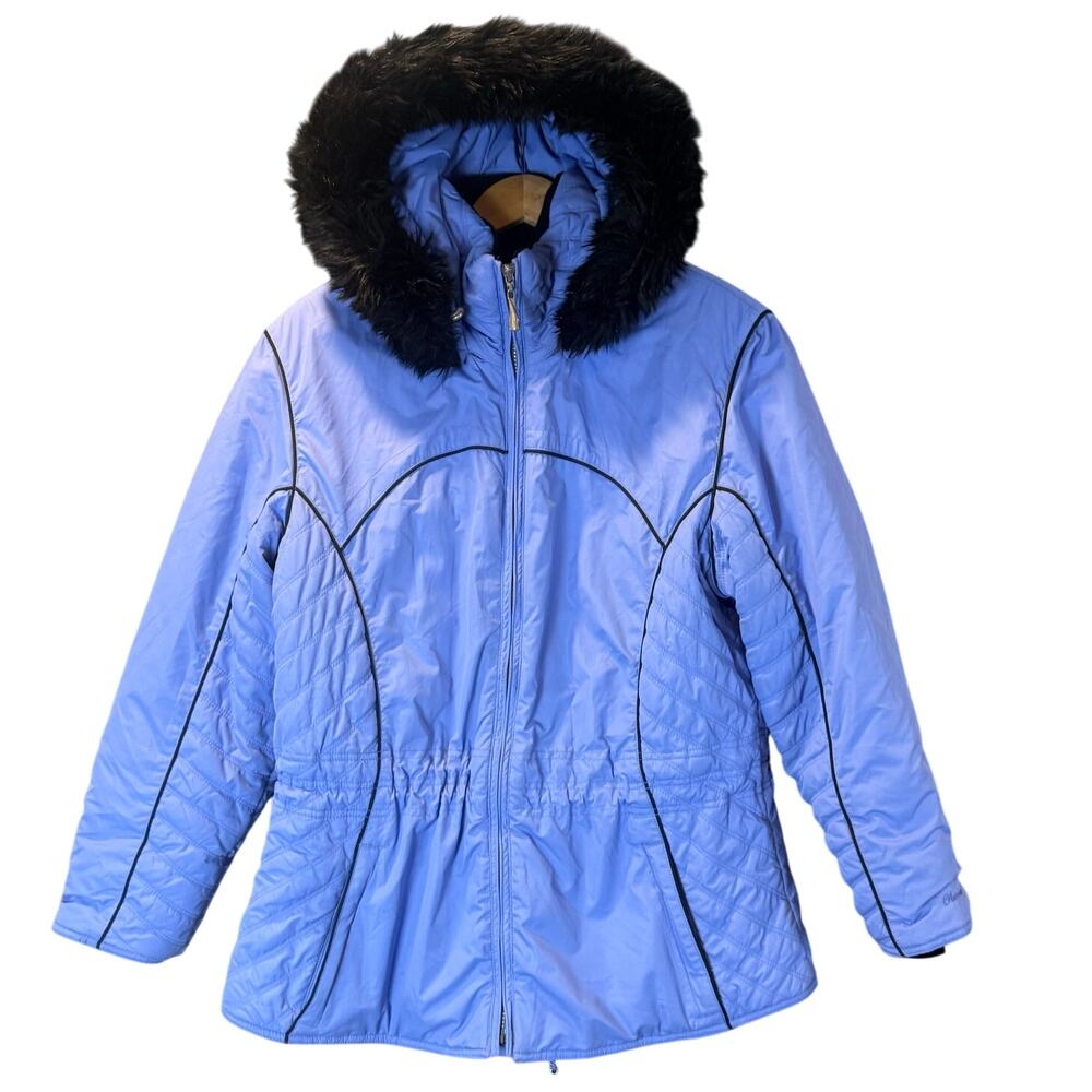 Obermeyer Ski Parka Jacket Coat Y2K Vintage 12 L Blue Purple Black Faux Fur Hood